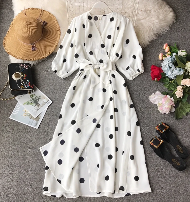 Ladies Vintage Robe New 2019 Spring Women 3/4 Sleeve Holiday Wind Slim A-line Dress Vestidos Fashion Dot Printed V-neck Dress
Ladies Vintage Robe New 2019 Spring Women 3/4 Sleeve Holiday Wind Slim A-line Dress Vestidos Fashion Dot Printed V-neck Dress