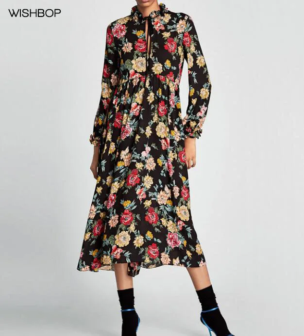 2018 Spring Summer Woman Black Floral Printed Midi DRESS WITH RUFFLED V-NECK BOW Tied long sleeves frilled cuffs seamed waist
2018 Spring Summer Woman Black Floral Printed Midi DRESS WITH RUFFLED V-NECK BOW Tied long sleeves frilled cuffs seamed waist