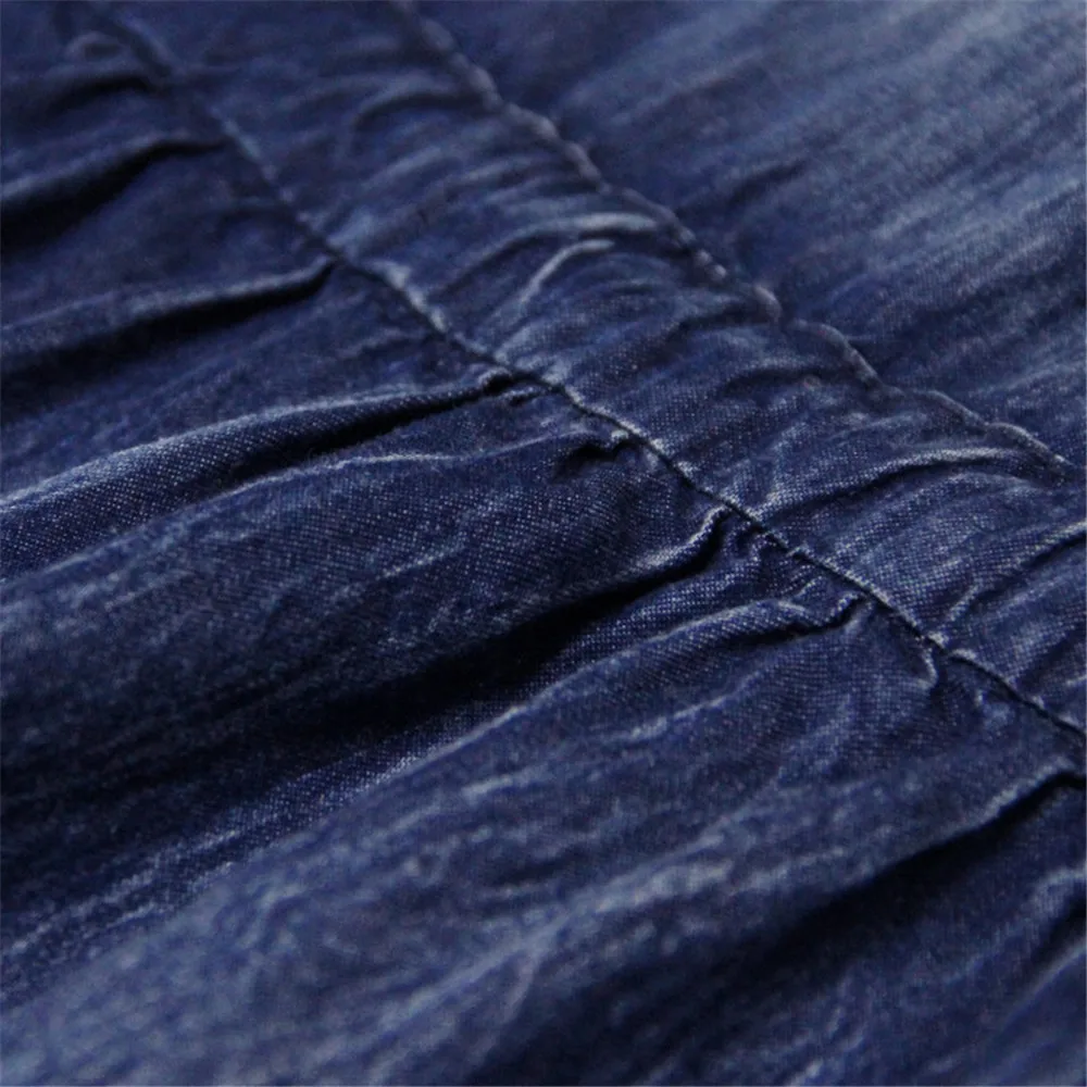 Vintage Adjustable Waist Summer Dress 2018 New Denim Women V-Neck Dresses Hollow out Lantern Sleeve Swing Hem Vestidos (117)