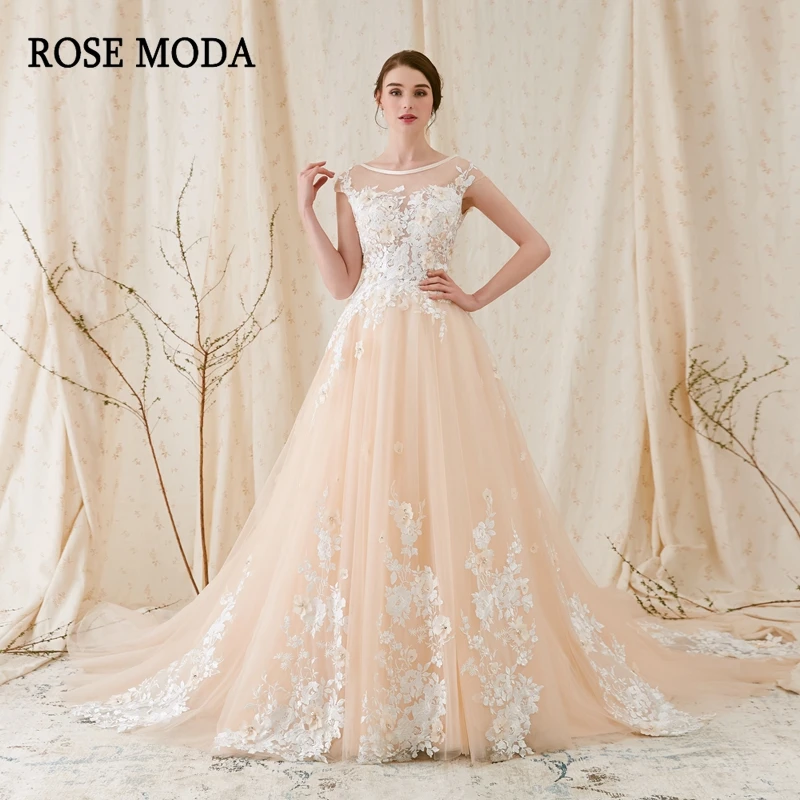 Rose Moda Modern 3D Floral Lace Wedding Dress Low V Back Ivory over Champagne Bridal Gown Custom Make | Свадьбы и торжества