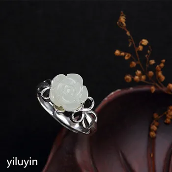 

KJJEAXCMY boutique jewelry S925 Sterling Silver Antique inlaid and Tian Yu White Jade Rose Lady opening silver ring finger ring