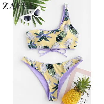 

ZAFUL Women Swimsuits Sexy One Shoulder Two Piece Tropical Lace-Up One Shoulder Reversible Bikini Swimsuit Bikinis 2019 Mujer