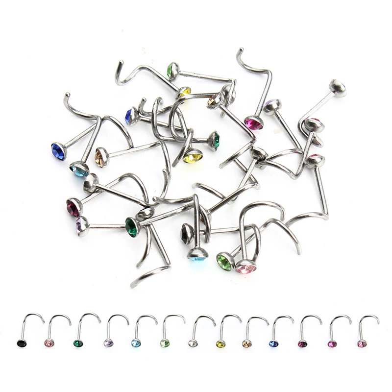 Fashion 20pcs/lot Stainless Steel Crystal Rhinestone Nose Studs Hooks Bar Pin Rings Body Piercing Jewelry For Women F3710 | Украшения и