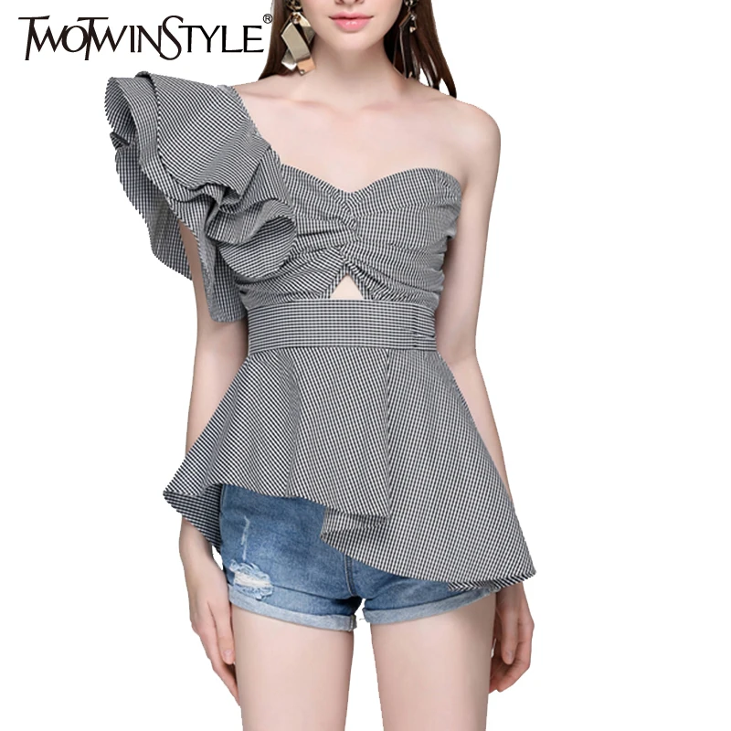 TWOTWINSTYLE 2019 Sleeveless Women's Blouses Shirts Female Summer Tunic Plaid Sexy One Off Shoulder Tops Feminine Ruffle Blouse
TWOTWINSTYLE 2019 Sleeveless Women's Blouses Shirts Female Summer Tunic Plaid Sexy One Off Shoulder Tops Feminine Ruffle Blouse