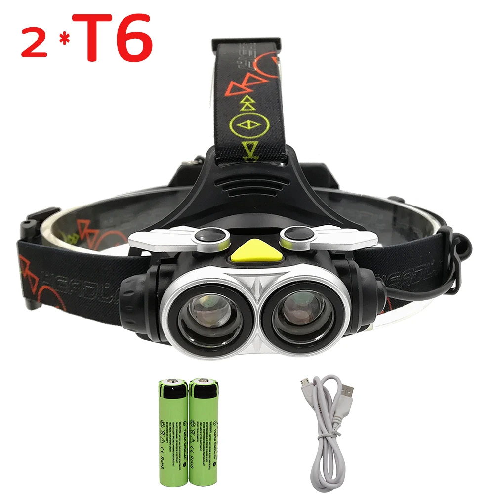 USB Rechargeable 2 x XM-L T6 LED Headlamp 2 LED Headlight Zooable flashlight Torch Lanterna +18650 Battery +Charger Cable
USB Rechargeable 2 x XM-L T6 LED Headlamp 2 LED Headlight Zooable flashlight Torch Lanterna +18650 Battery +Charger Cable