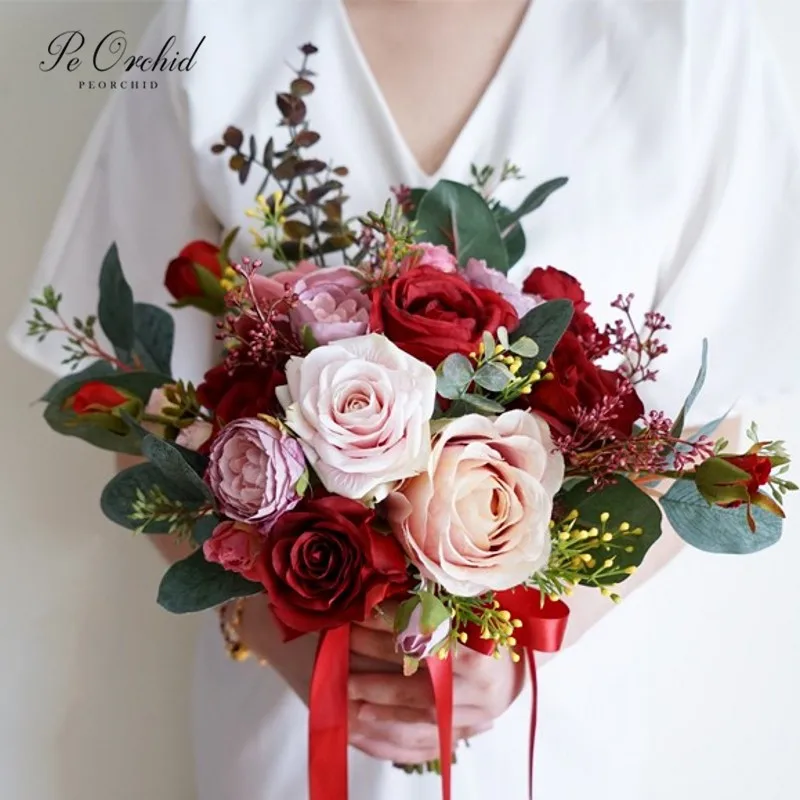 

PEORCHID Artificial Forest Wedding Flowers Bridal Bouquets Vintage Eucalyptus Red Pink Rose Bridesmaid Bouquet Ramo De Novia