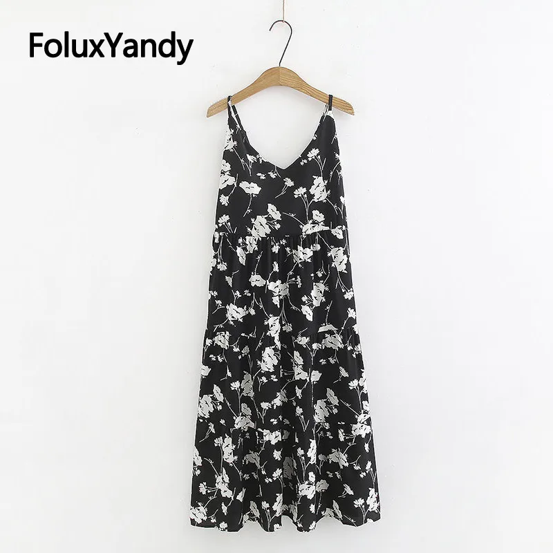 Sleeveless Prairie Chic Dress New Summer Style Floral Print V-neck Mid-Calf Loose Spaghetti Strap Dress Vestidos Black KKFY3614
Sleeveless Prairie Chic Dress New Summer Style Floral Print V-neck Mid-Calf Loose Spaghetti Strap Dress Vestidos Black KKFY3614