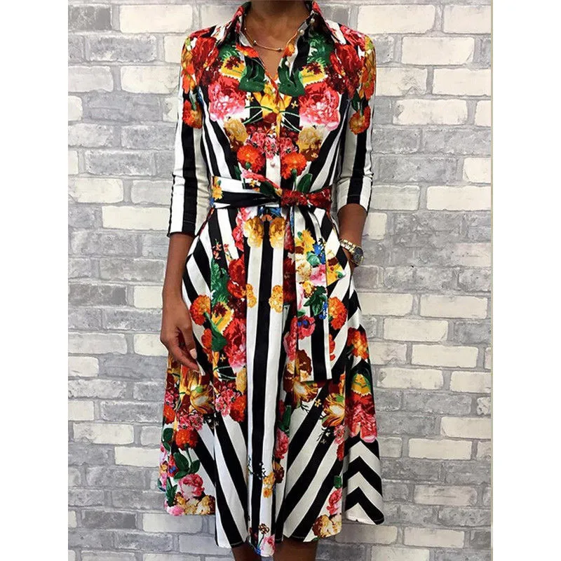 Boho Dresses Women Floral Printed Half Sleeve Dress Ladies Lapel Party Dress Holiday Beach Knee-length Stripe Dress
Boho Dresses Women Floral Printed Half Sleeve Dress Ladies Lapel Party Dress Holiday Beach Knee-length Stripe Dress