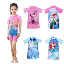 ファッションイスラム教徒のスタイル少女漫画半袖水着ピンクブルー雪の女王マーメイドプリント水着子供ワンピースビキニ(China)