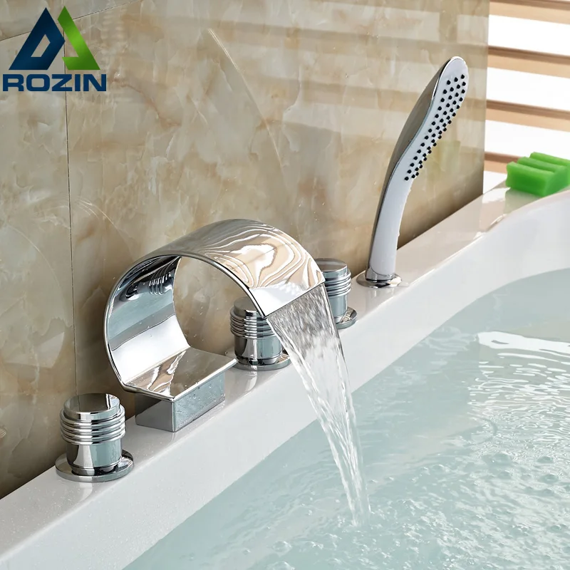 Polished Chrome Waterfall Spout Deck Mount Bathtub Faucet 5 Holes Widespread Tub Mixer Tap Faucet