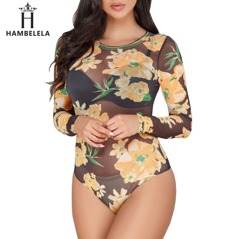 HAMBELELA Women Fashion Floral Print Bodysuit Tops Slim Long Sleeve Bodysuits Outfits Leotard Tops Shirt Lady Bodycon Body Top (2)