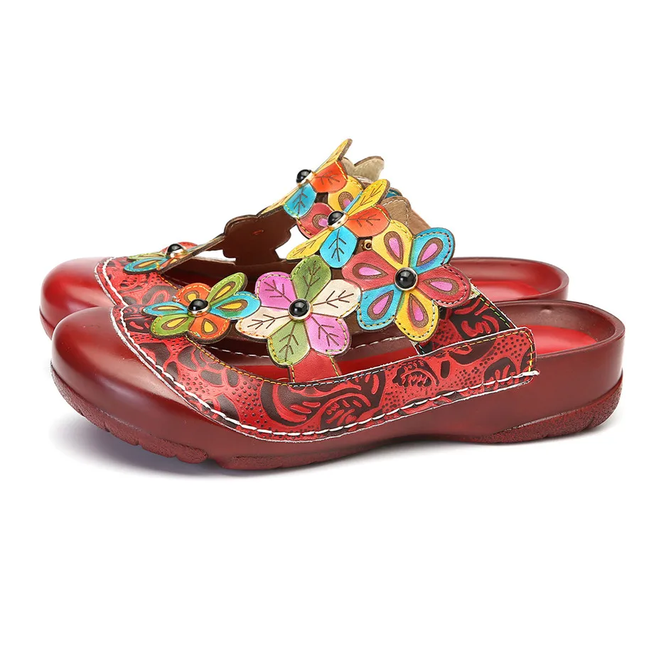 Vintage Printed Round Toe Slippers Women Shoes Genuine Leather Summer Bohemian Beach Lady Slides Flower Casual Shoe Woman Sandal (9)