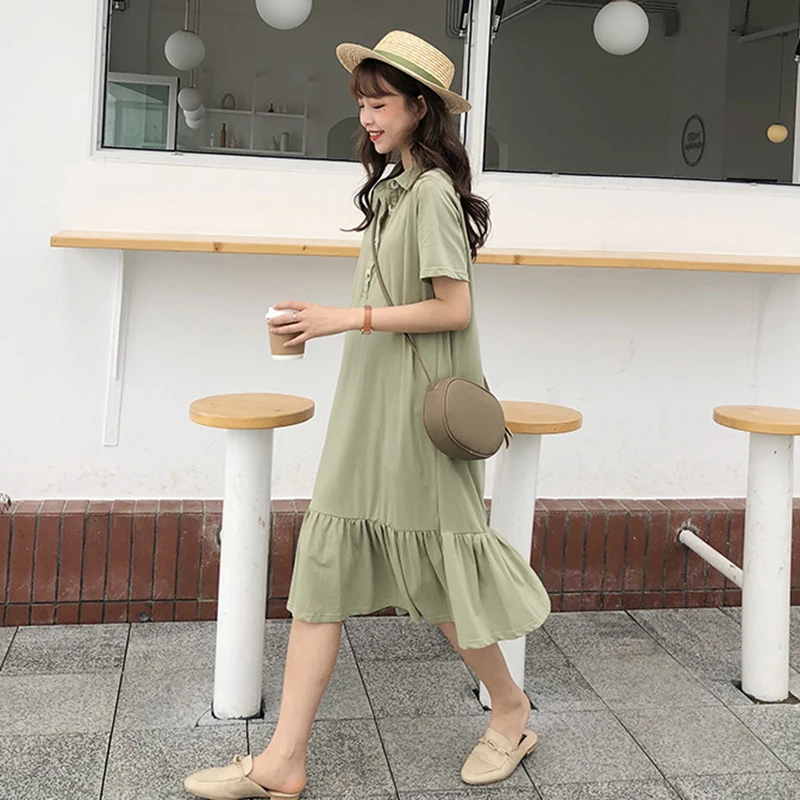 2019 Summer Preppy Style Retro Dresses Women Elegant Turn-down Collar Short Sleeve Solid Colro Long Dress Female Loose Dress
2019 Summer Preppy Style Retro Dresses Women Elegant Turn-down Collar Short Sleeve Solid Colro Long Dress Female Loose Dress
