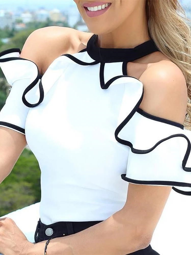 2019 Summer Contrast Binding Ruffles Cold Shoulder Blouse Women Elegant Leisure Casual Top Ladies Stylish Chiffon Shirt
2019 Summer Contrast Binding Ruffles Cold Shoulder Blouse Women Elegant Leisure Casual Top Ladies Stylish Chiffon Shirt
