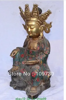 008737 18" Chinese Tibet Bronze Gilt Cloisonne Enamel Sgakyamuni Buddha Kwan-yin Statue