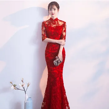 Lace Elegant Women Mermaid Dress Gown Red Mandarin Collar Chinese Bride Wedding Qipao Sexy Slim Half Sleeve Retro Cheongsam
Lace Elegant Women Mermaid Dress Gown Red Mandarin Collar Chinese Bride Wedding Qipao Sexy Slim Half Sleeve Retro Cheongsam