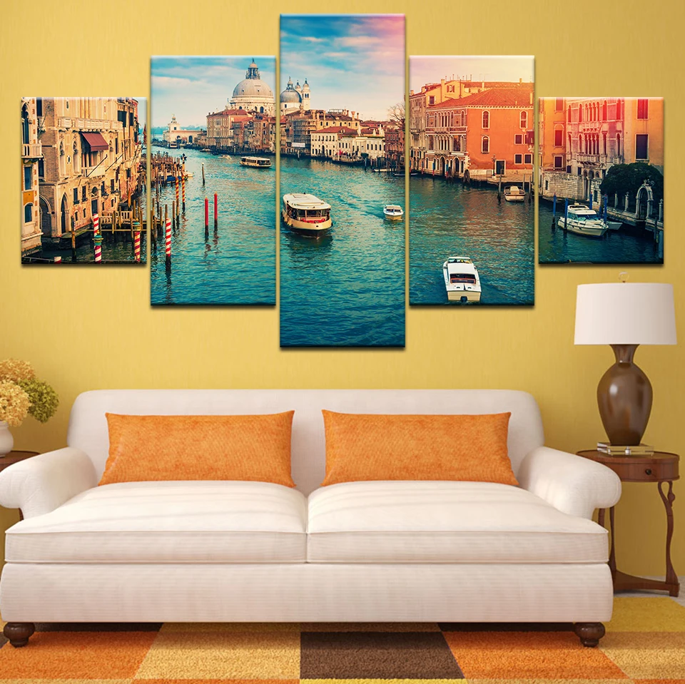 Wall Art Canvas Paintings HD Printing Pictures 5 Piece Venice Water City Boat Light Landscape Modern Modular Home Decor Posters | Дом и сад