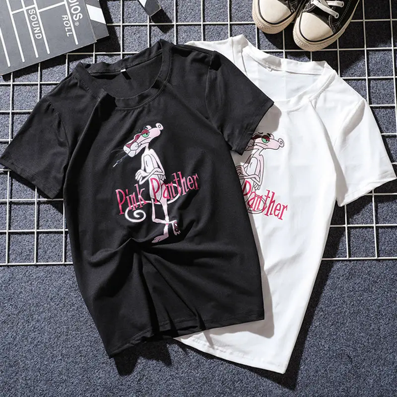 JIANWEILI летняя футболка женские свободные повседневные Розовая пантера печати
