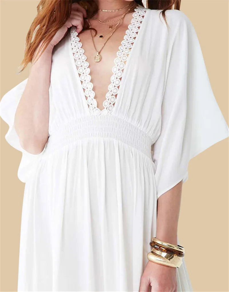 2022 Swimwear Cover-ups Sexy V-neck Summer Beach Dress White Lace Tunic Women Plus Size Beachwear Swim Suit Cover Up Q988 2022 Swimwear Cover-ups Sexy V-neck Summer Beach Dress White Lace Tunic Women Plus Size Beachwear Swim Suit Cover Up Q988
