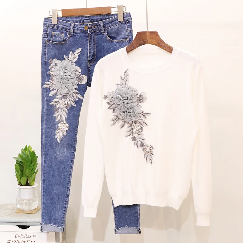 New Autumn Fashion Women's Sets Embroidery Diamond Pullovers Knitted Tops + Slim Denim Pants Feminine Jeans Suits
New Autumn Fashion Women's Sets Embroidery Diamond Pullovers Knitted Tops + Slim Denim Pants Feminine Jeans Suits