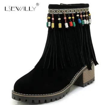 Lsewilly Bohemia Beads Ethnic Women Tassel Ankle Boots Flock Round Toe Chunky Block High Heels Fringe Boots Ladies Shoes E177
Lsewilly Bohemia Beads Ethnic Women Tassel Ankle Boots Flock Round Toe Chunky Block High Heels Fringe Boots Ladies Shoes E177