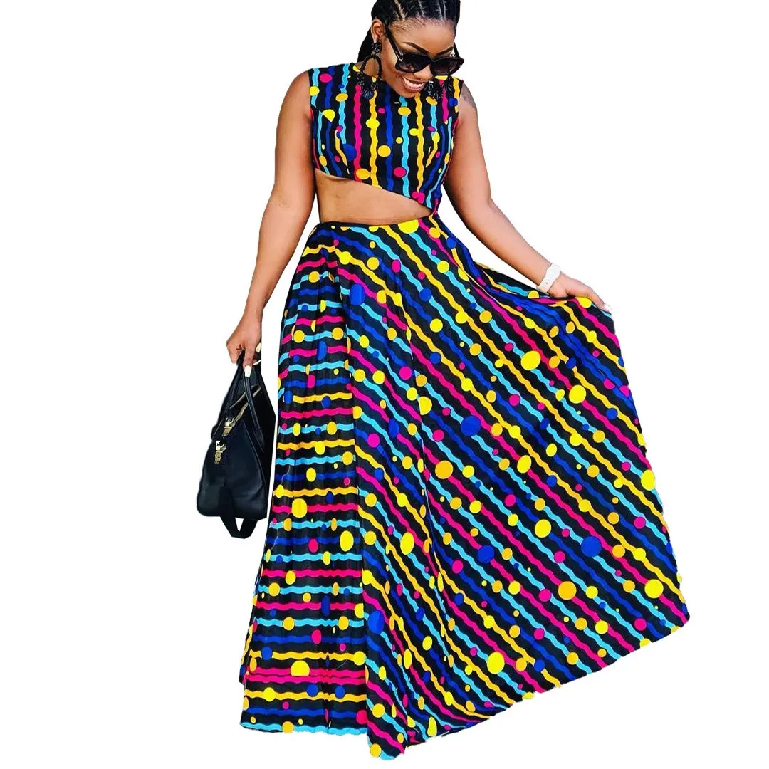 2019 Women Stripes Print Sleeveless Polka Dot Two Piece Set Sexy Crop Top Big Swing Maxi Skirt Suits Summer Outfits | Женская одежда