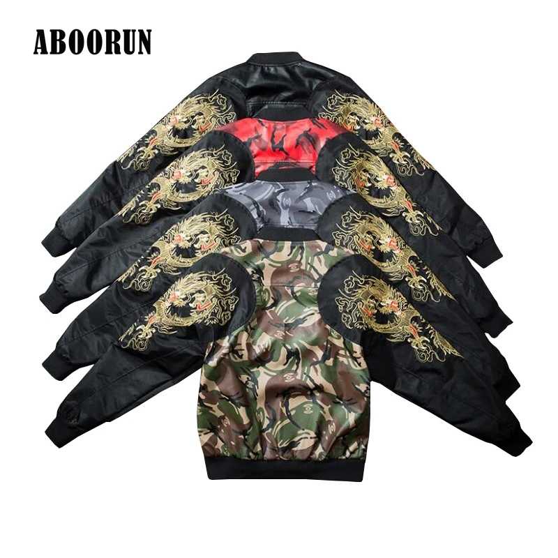 Image ABOORUN 2017 New Mens Camouflage Patchwork Jacket with Embroidery Fashion PU Leather Bomber Jacket Coat for Winter P8062