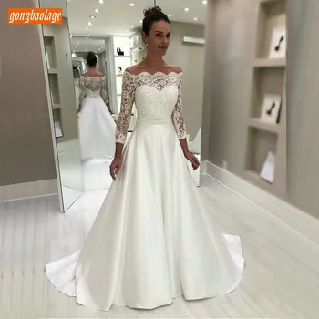 Noble Lace Top Appliques Ivory Wedding Gowns Long Sleeve Customized 2020 Satin White Wedding Dress Princess Formal Bride Dresses
Noble Lace Top Appliques Ivory Wedding Gowns Long Sleeve Customized 2020 Satin White Wedding Dress Princess Formal Bride Dresses