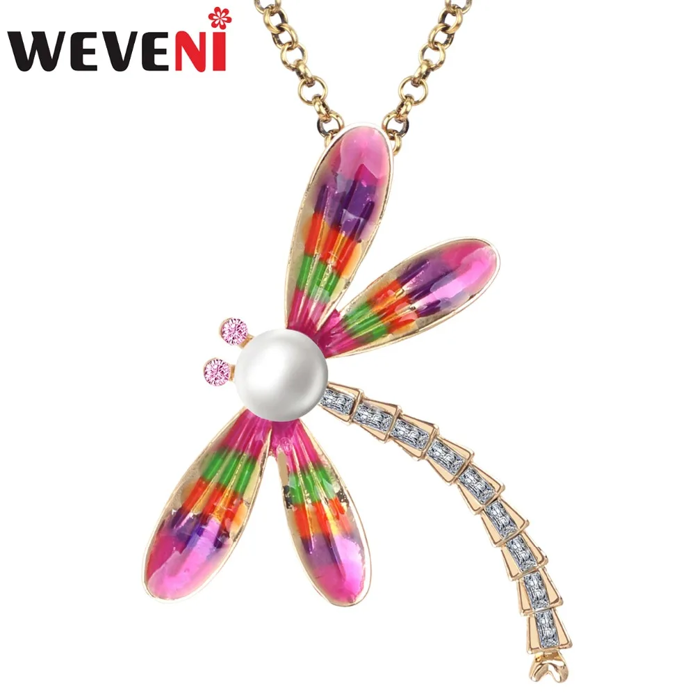WEVENI Enamel Alloy Rhinestone Floral Insect Dragonfly Necklace Pendant Chain Choker Pearl Novelty Jewelry For Women Girls Teen | Украшения