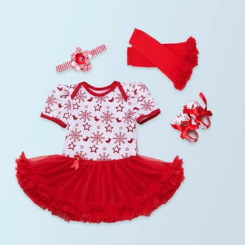 

4PCs per Set Short Sleeves Baby Girl Christmas Snowflake Tutu Dress Infant 1st 2nd Xmas Party Outfit Leg Warmers Shoes Headband