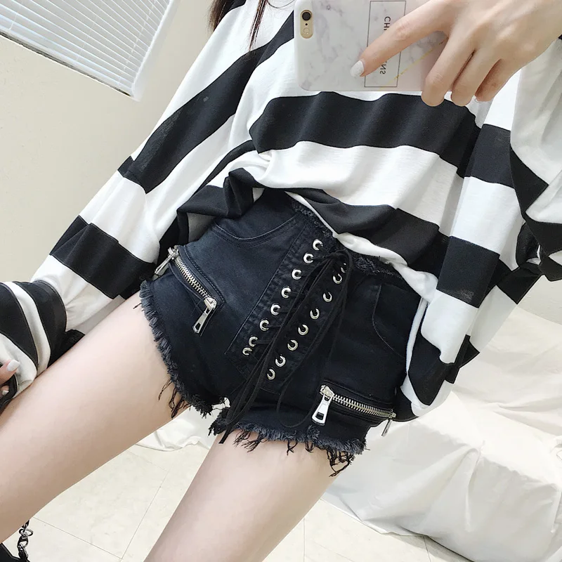 Sexy summer S M L women denim black ripped short jeans high waisted tassel elastic lace up bandage shorts hotpants
Sexy summer S M L women denim black ripped short jeans high waisted tassel elastic lace up bandage shorts hotpants