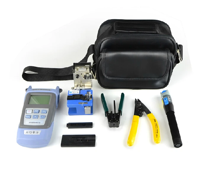 

8 In 1 FTTH Fiber Optic Tool Kit with FC-6S Fiber Cleaver and Double port Miller Wire stripper 5MW Fault detector