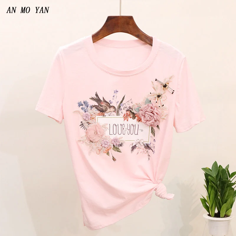 Summer Pink High Quality Printing Harajuku Women T-shirt Three-dimensional Flower Beaded Sequins Perfect Decoration Female Tops
Summer Pink High Quality Printing Harajuku Women T-shirt Three-dimensional Flower Beaded Sequins Perfect Decoration Female Tops
