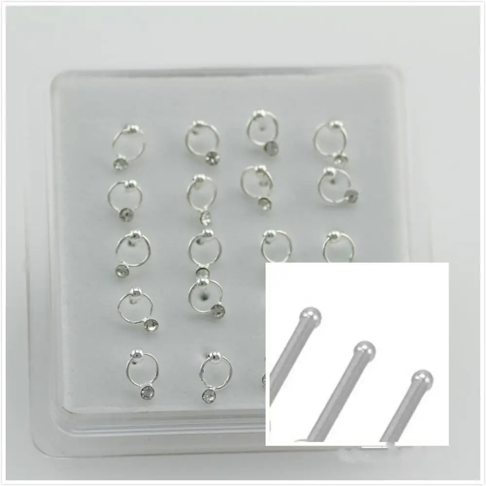Украшения для ногтей круглые серебряные S925 прямые с шариковой иглой 20 в коробке