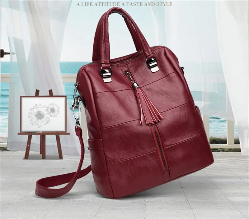 Women Multifunction Backpack Leather Tassel Shoulder Bag Large Capacity Backbag Female Zipper School Bag Girl Travel Bag Mochila 1