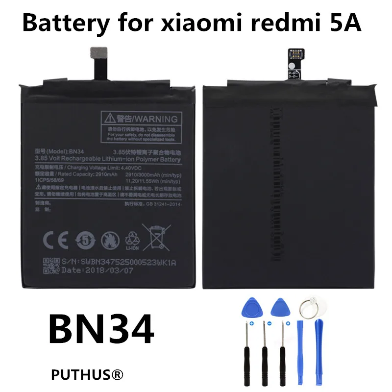 Original BN34 Xiaomi Redmi 5A battery Replacement battery BN34 For Xiaomi Redmi 5A 5.0" 2910/3000mAh + repair tools
Original BN34 Xiaomi Redmi 5A battery Replacement battery BN34 For Xiaomi Redmi 5A 5.0" 2910/3000mAh + repair tools