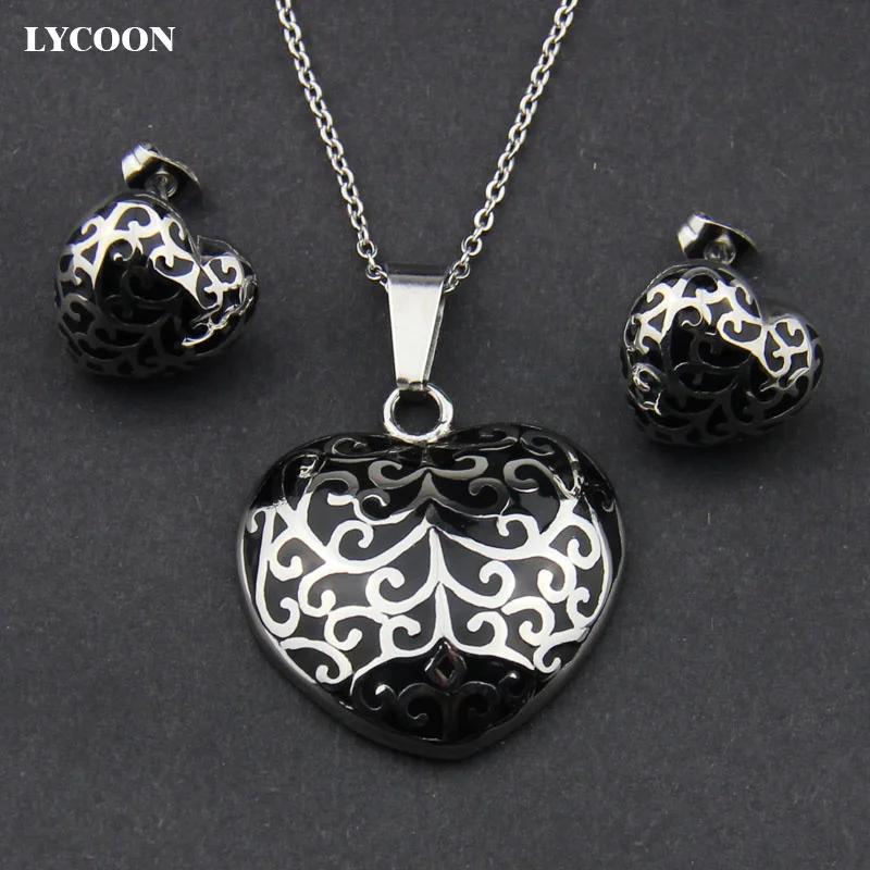 LYCOON newest stainless steel heart style with black resin pendant necklace enamel heart earrings jewelry set for women LYS010
LYCOON newest stainless steel heart style with black resin pendant necklace enamel heart earrings jewelry set for women LYS010