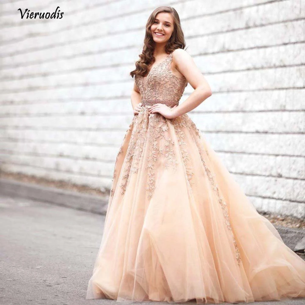 Pretty Champagne Lace A-line Evening Dresses 2019 Appliques Beaded Pearls Sash Puffy Long Prom Gowns Bridal Gowns With Zipper 1
Pretty Champagne Lace A-line Evening Dresses 2019 Appliques Beaded Pearls Sash Puffy Long Prom Gowns Bridal Gowns With Zipper 1