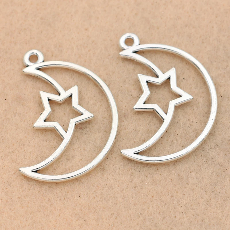 KJjewel Antique Silver Plated Moon Star Charms Pendants for Bracelet Necklace Jewelry DIY Findings Craft 38x26mm | Украшения и