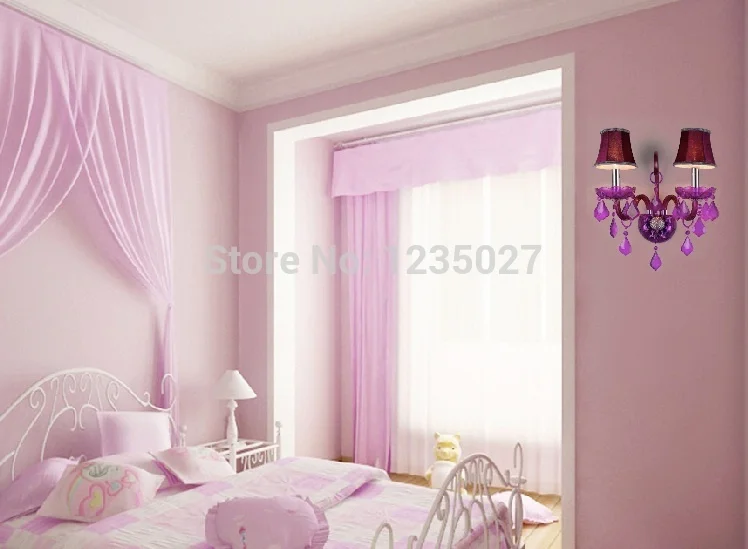 Description Picture 6 of itemNew Arrival Hotsale Purple Crystal Wall Lamp Candle Led E14 Bulbs Purple Fabric Lampshade 2 Lights 100% Guaranteed