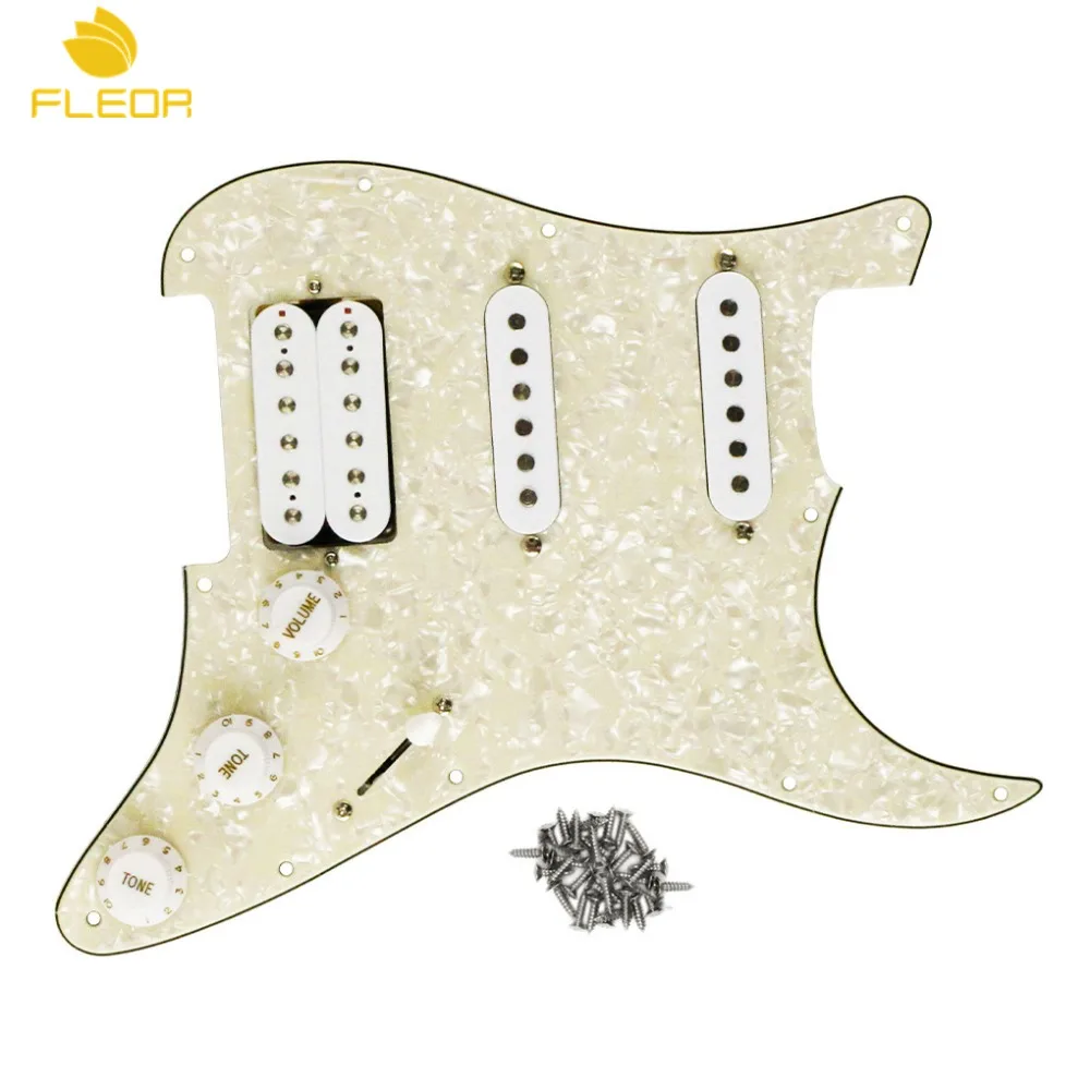 

FLEOR Single Coil /Single Coil /Humbucker Pickups Loaded Prewired Electric Guitar Pickguard SSH 11 Holes Set for ST ,Aged Pearl