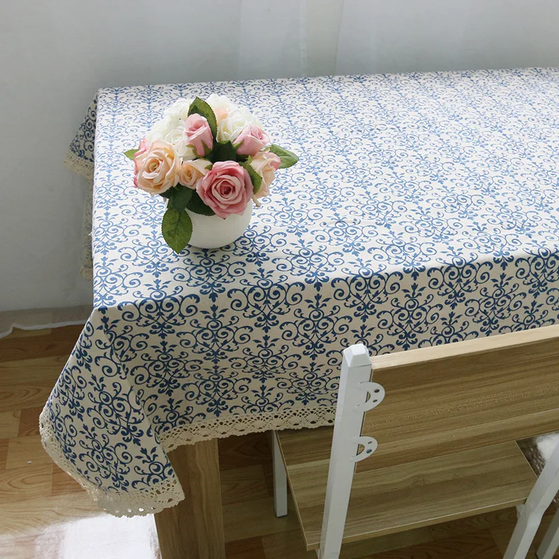 Pastoral Cotton & Linen Table Cloth Rectangular Cover Lace Edge Tablecloth Blue and white porcelain Printed | Дом и сад