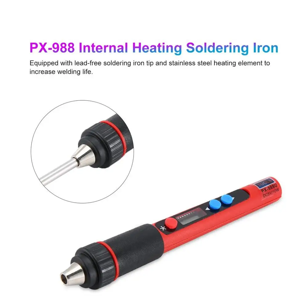 PX-988 5V 10W USB LED Digital Temperature Adjustable Internal Heating Electric Soldering Iron Tools Kits with Soldering Tips
PX-988 5V 10W USB LED Digital Temperature Adjustable Internal Heating Electric Soldering Iron Tools Kits with Soldering Tips