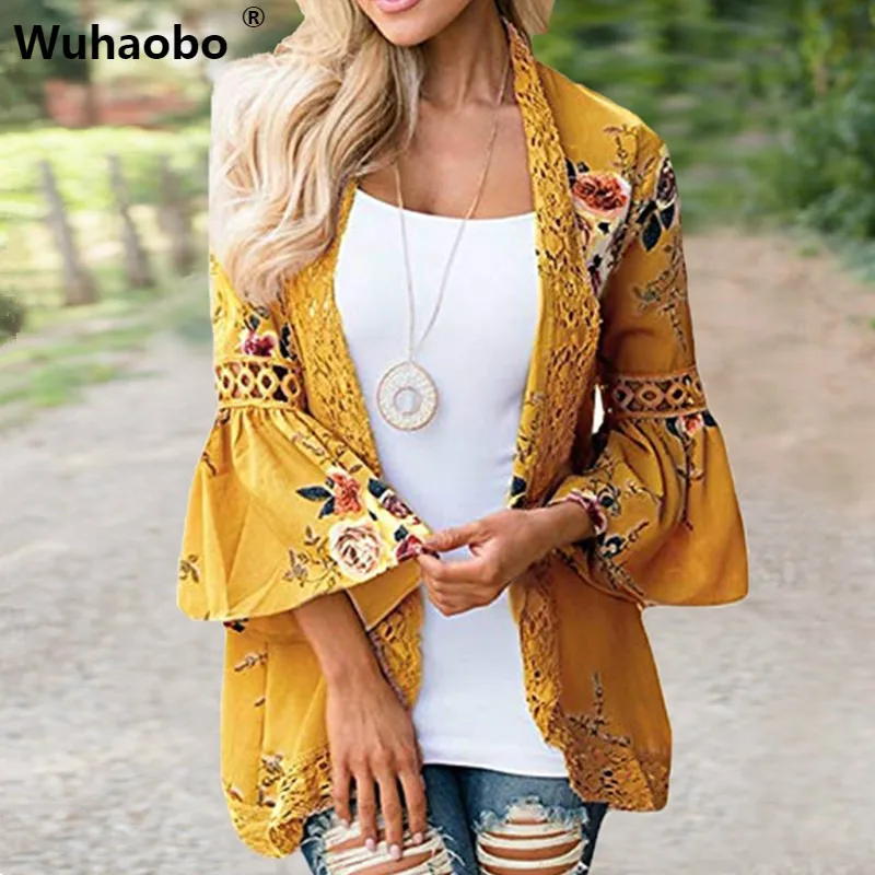 Wuhaobo Flare Sleeve Crochet Lace Chiffon Shirt Women Tops Summer Kimono Cardigan Floral Print Front Open Beach Outwear Blouse
Wuhaobo Flare Sleeve Crochet Lace Chiffon Shirt Women Tops Summer Kimono Cardigan Floral Print Front Open Beach Outwear Blouse