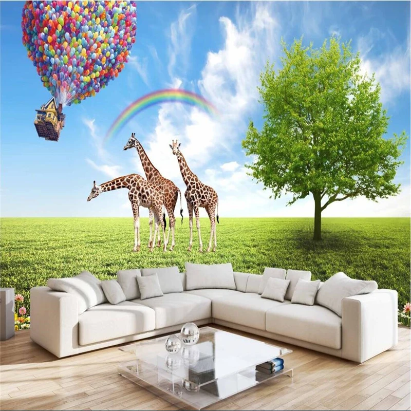 

beibehang HD Kids Room Giraffe Hot Air Balloon Big Tree Living Room TV Background Wall Paintings Stickers Bedroom Custom Size