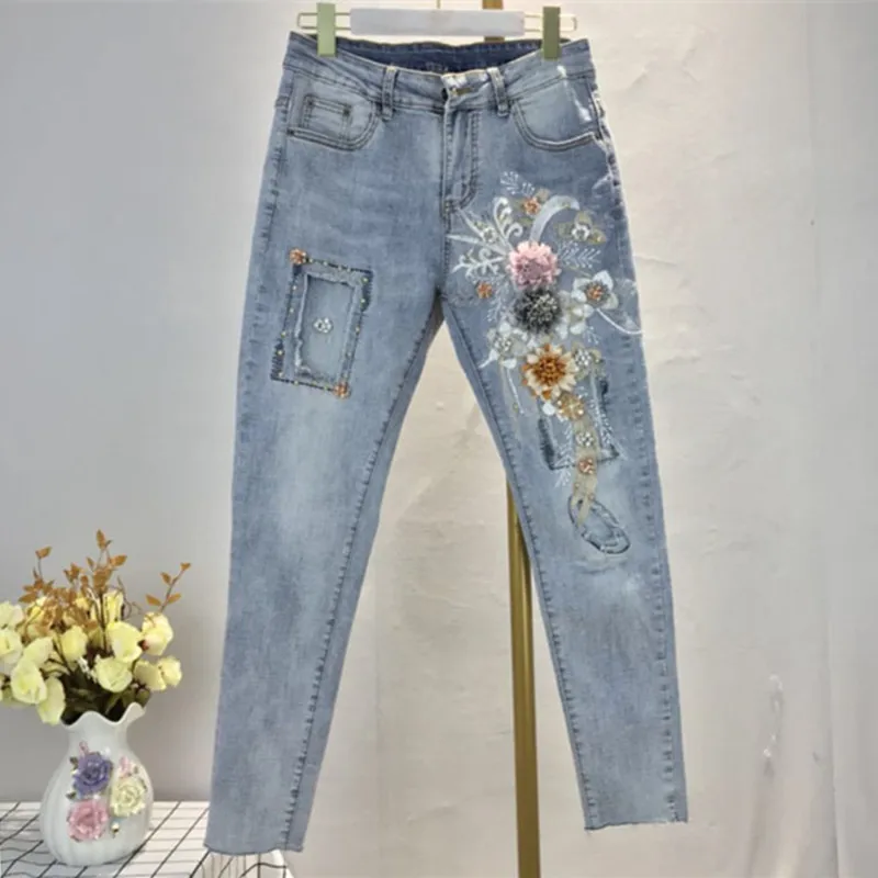 Stretch Ripped Jeans Flower Beads Skinny Retro Denim Pants Pencil Trousers Femme Vintage Jean For Woman Girl Lady Casual Trouser 
Stretch Ripped Jeans Flower Beads Skinny Retro Denim Pants Pencil Trousers Femme Vintage Jean For Woman Girl Lady Casual Trouser