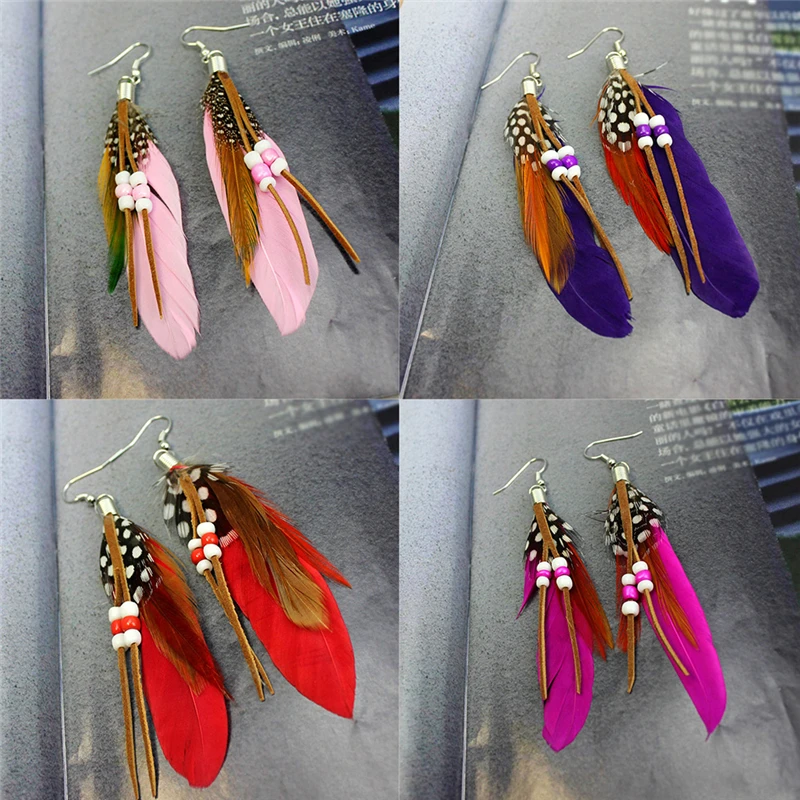 Tassel Dangling Earrings Feather Leather Beads Earrings Indian Feathers J/&C
