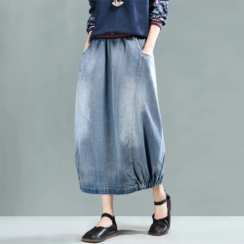 Spring Skirt Women Large size Loose Retro Denim Skirt Elastic Waist pocket Bleached Mori girl Casual Ladies New Denim Skirt 2019
Spring Skirt Women Large size Loose Retro Denim Skirt Elastic Waist pocket Bleached Mori girl Casual Ladies New Denim Skirt 2019