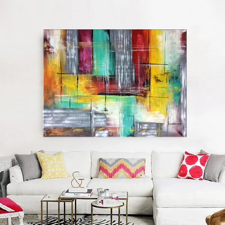 Handmade thick knife high quality Modern Abstract Colorful Color blocks Fine Artwork Canvas Decor Oil Painting for Living Room | Дом и сад