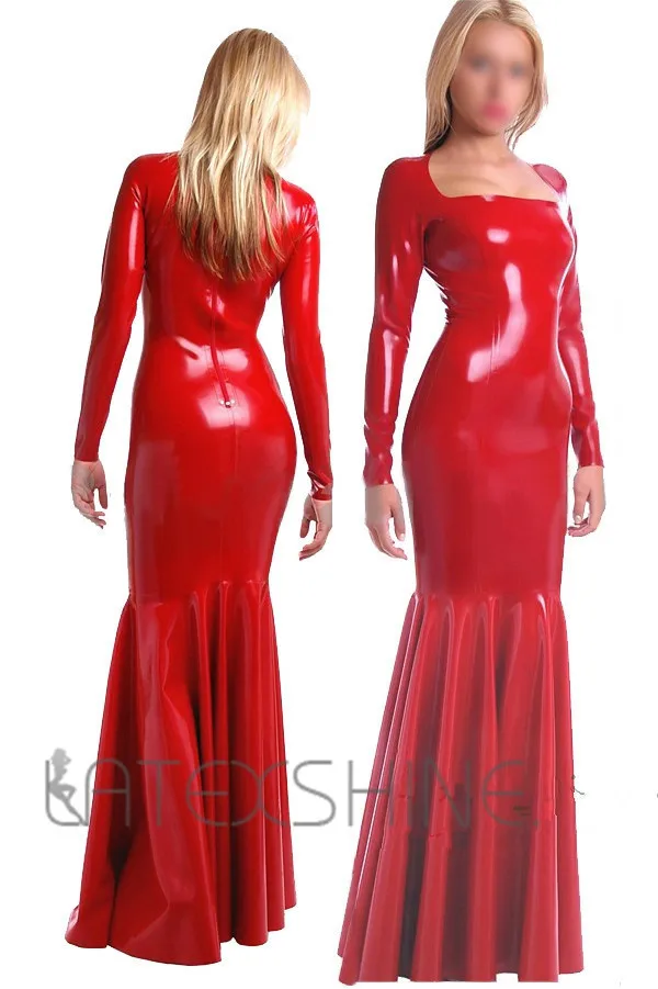 Sexy Floor-Length Shiny Red Women Latex Long Party Dress with Long Sleeves
